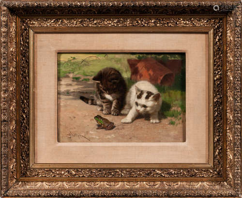 John Dolph (New York/Ohio, 1835-1903) Two Kittens and a Frog