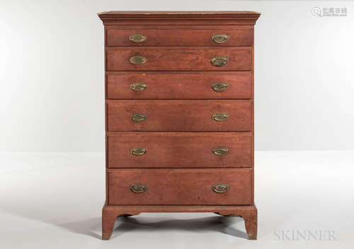 Red-painted Birch and Cherry Tall Chest of Six Drawers