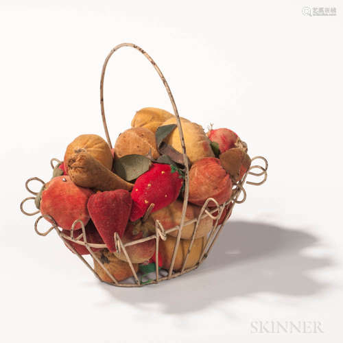 Small White-painted Wirework Basket of Miniature Velvet Fruit