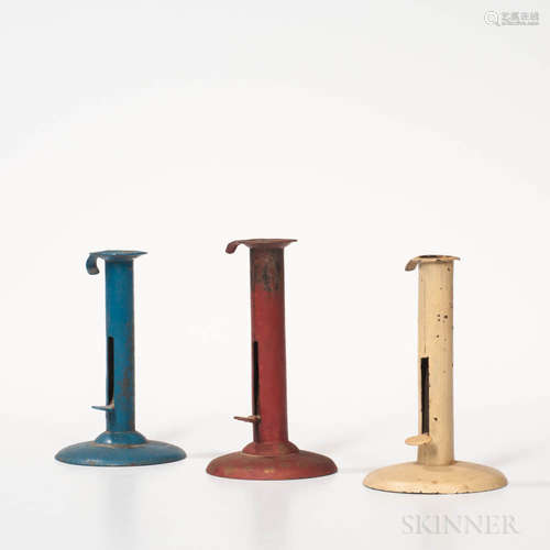 Three Painted Iron Hogscraper Candlesticks