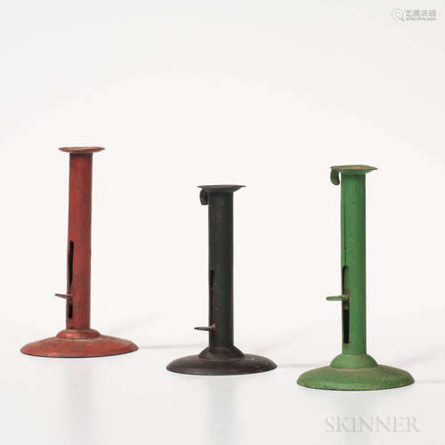 Three Painted Iron Hogscraper Candlesticks