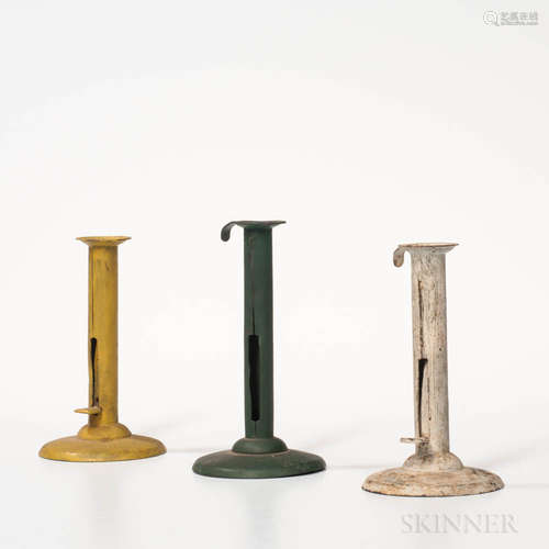 Three Painted Iron Hogscraper Candlesticks