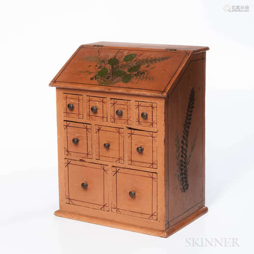 Miniature Paint-decorated Slant-lid Bin with Nine Drawers