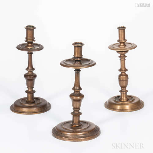 Three Tall Early Brass Candlesticks