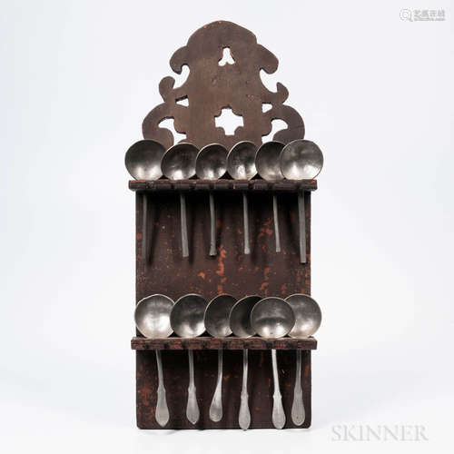 Red/Brown-painted Spoon Rack and Twelve Pewter Spoons