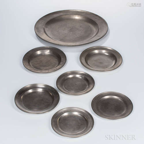 Six American Pewter Plates and a Charger