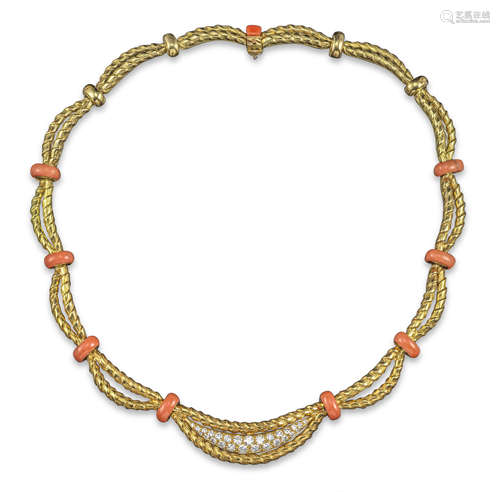 λ A French coral and diamond gold necklace