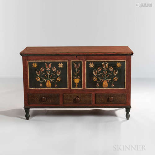 Painted and Paint-decorated Poplar Blanket Chest over Three Drawers