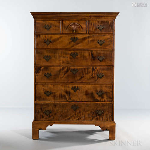 Carved Tiger Maple Tall Chest of Drawers