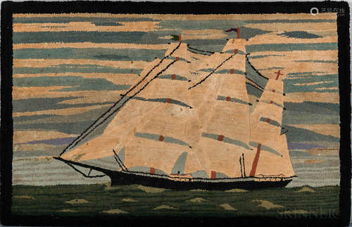 Hooked Rug of a Sailing Ship