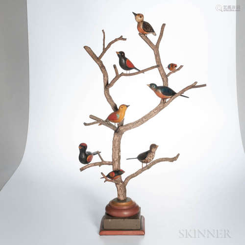 Carved and Painted Folk Art Birds in a Tree