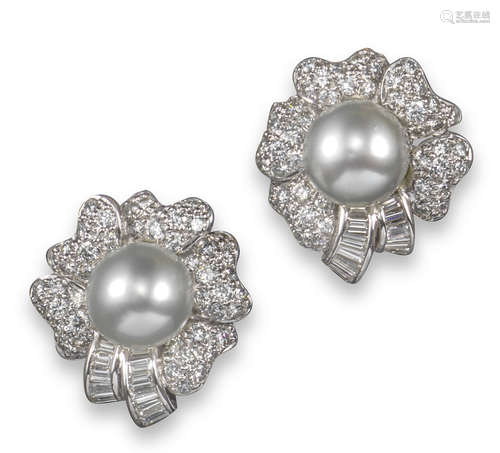 A pair of cultured pearl and diamond foliate earrings