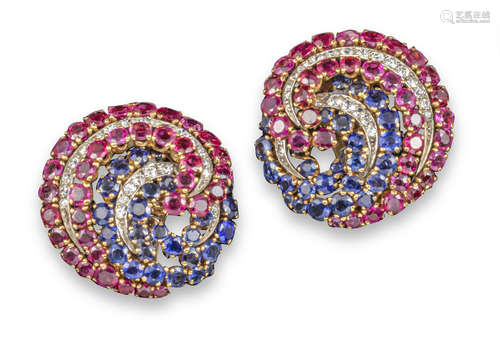 A pair of ruby sapphire and diamond earrings, c.1950