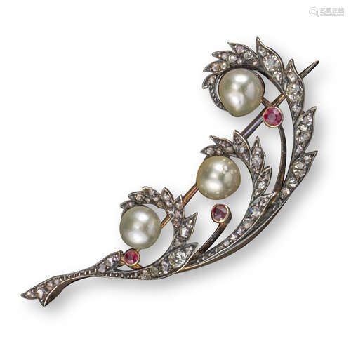 A Victorian diamond, natural pearl and ruby feather brooch