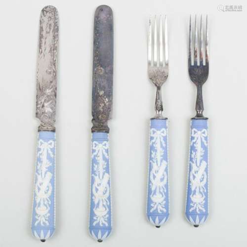 Two Pairs of Silver Plate and Wedgwood Jasperware Forks