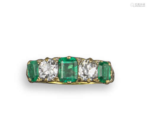 A Victorian emerald and diamond five-stone ring