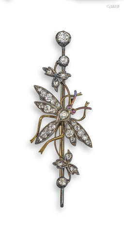 A Victorian diamond-set insect and foliate bar brooch