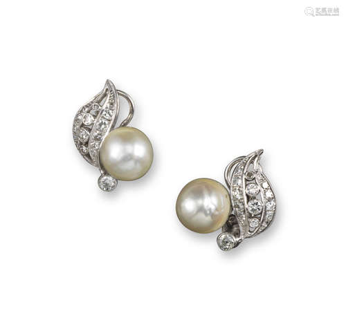 A pair of natural pearl and diamond earrings