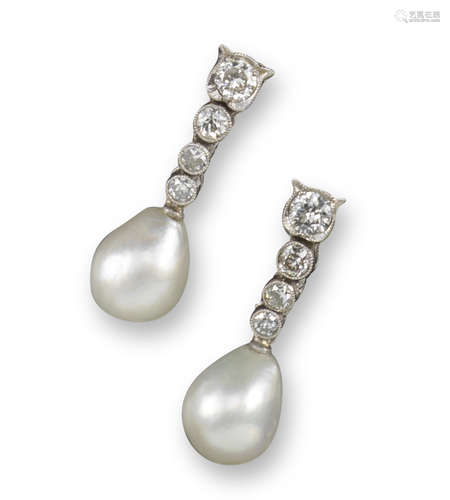 A pair of natural pearl and diamond drop earrings