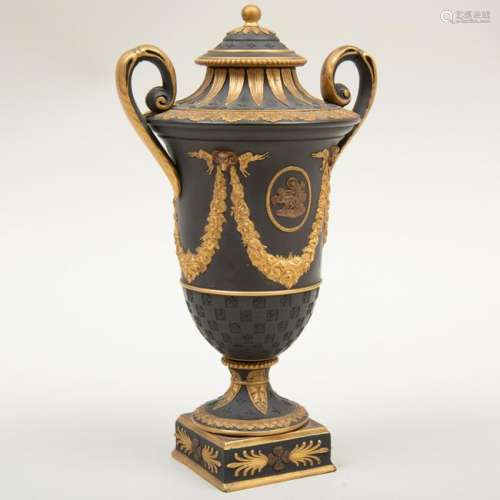 Wedgwood Black Basalt Bronze and Gilt-Decorated Vase