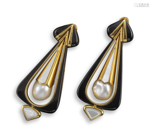 A pair of cultured pearl and onyx drop earrings by Marina B.