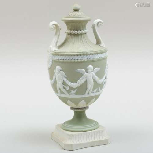 Wedgwood Green and White Jasperware Two Handle Vase and