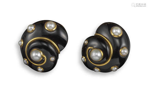 A pair of black onyx and cultured pearl shell earrings by Verdura