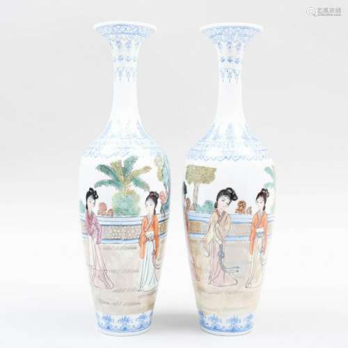 Pair of Chinese Eggshell Porcelain Vases with Beauties