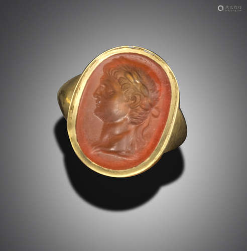 A carnelian intaglio depicting a young Claudius Caesar laureate