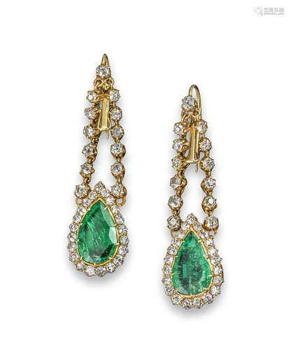 A pair of emerald and diamond drop earrings