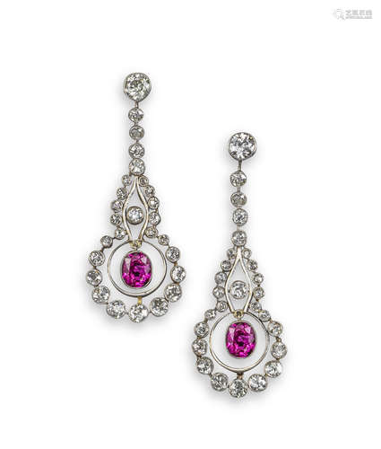 A pair of ruby and diamond pendeloque earrings