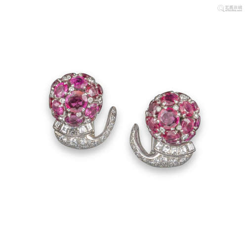 A pair of ruby and diamond cornucopia earrings by Drayson