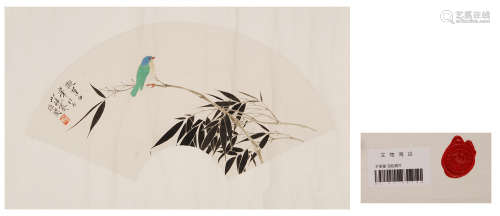CHINESE FAN PAINTING OF BIRD AND BAMBOO