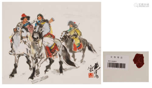 CHINESE SCROLL PAINTING OF PEOPLE ON HORSE
