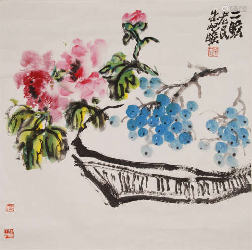 CHINESE SCROLL PAINTING OF FLOWER AND FRUIT IN BASKET