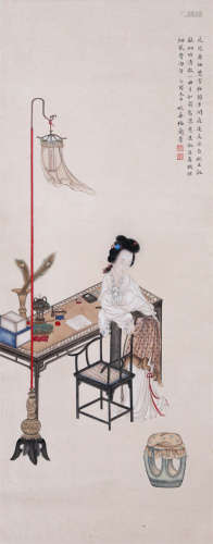 CHINESE SCROLL PAINTING OF BEAUTY BY TABLE