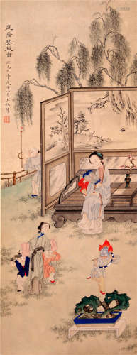 CHINESE SCROLL PAINTING OF BEAUTY AND BOY IN GARDEN