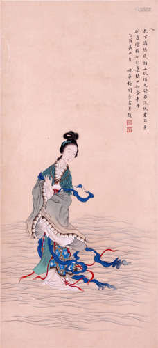 CHINESE SCROLL PAINTING OF BEAUTY ABOVE WAVE