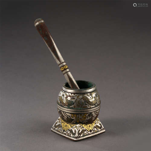 CHINESE SILVER GOLD INLAID BRONZE WATER POT WITH SPOON