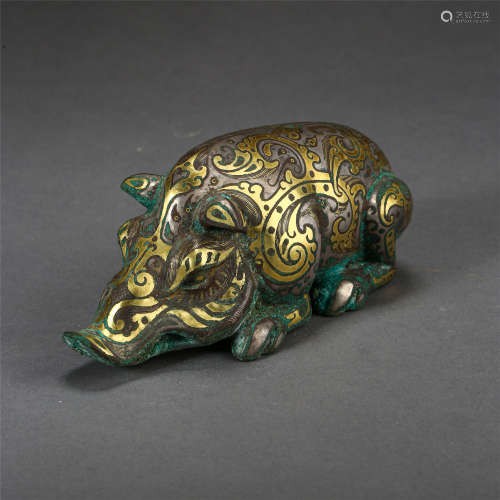 CHINESE SILVER GOLD INLAID BRONZE ROAR