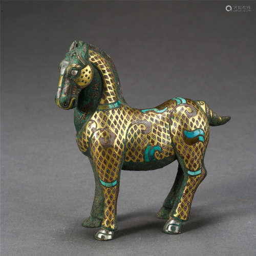 CHINESE SILVER GOLD TURQUOISE INLAID HORSE