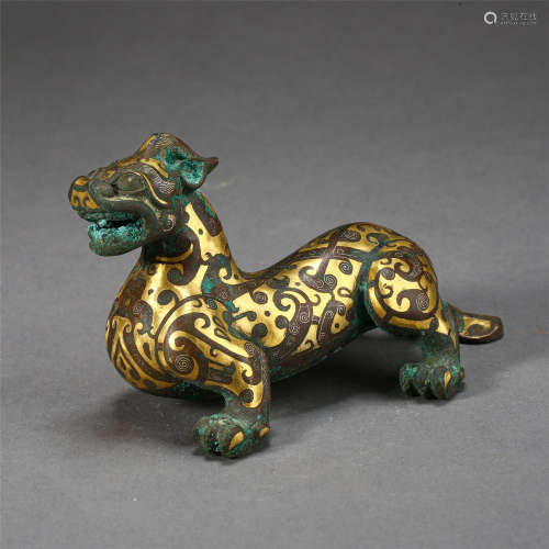 CHINESE SILVER GOLD INLAID BRONZE BEAST