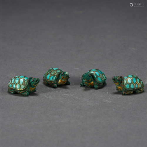 FOUR CHINESE TURQUOISE INLAID BRONZE TURTLES