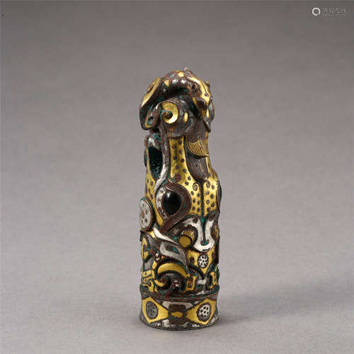 CHINESE SILVER GOLD INLAID BRONZE CANE HANDLE
