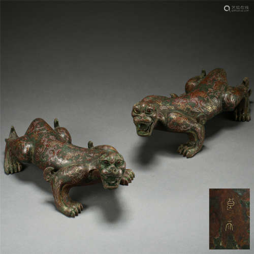 PAIR OF CHINESE SILVER GOLD INLAID BRONZE BEAST
