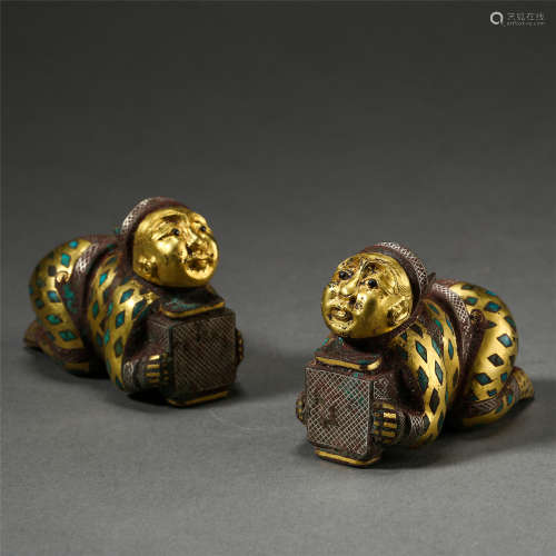 PAIR OF CHINESE SILVER GOLD TURQUOISE  INLAID BRONZE KNEELING BOYS