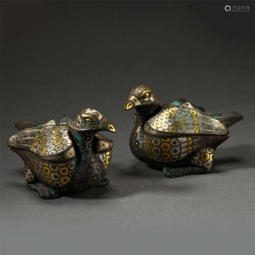PAIR OF CHINESE SILVER GOLD TURQUOISE INLAID BIRDS