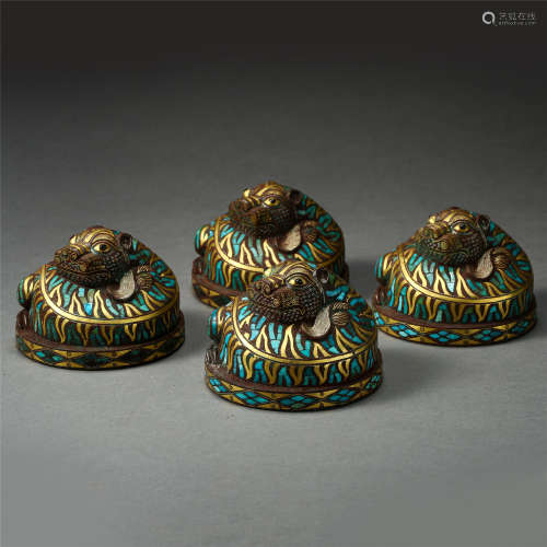 FOUR CHINESE SILVER GOLD TURQUOISE INLAID BRONZE BEAST WEIGHT