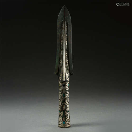 CHINESE SILVER GOLD INLAID BRONZE SPEAR HEAD