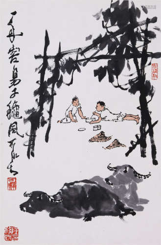 CHINESE SCROLL PAINTING OF OX AND BOY UNDER TREE